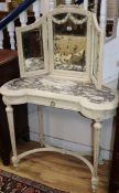 A painted French marble top dressing table, with triple mirror back W.90cm