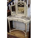 A painted French marble top dressing table, with triple mirror back W.90cm