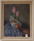 Rodney Merrington (b. 1934), oil on canvas, two hyacinths in terracotta pots, signed, circa 1957, 50