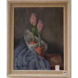 Rodney Merrington (b. 1934), oil on canvas, two hyacinths in terracotta pots, signed, circa 1957, 50