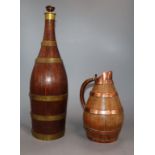 A French staved oak bottle marked Grand Lafitte and a staved oak jug bottle 40cm