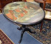 An 18th century style oval painted tilt top tea table W.90cm
