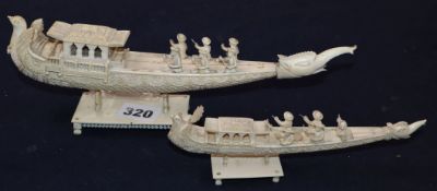 Two Indian carved ivory boat groups