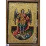 A 19th century Greek icon depicting St Michael triumphing over Satan, 37 x 26cm