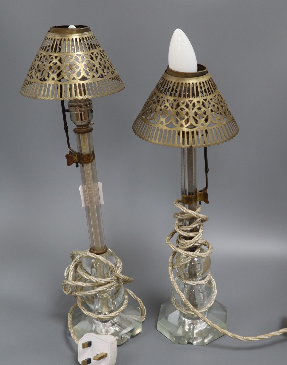 A pair of early 20th century prismatic cut glass table lamps, with metal shades - Image 2 of 2