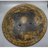 An Indian papier mache shield, depicting hunting tigers and a lion diameter 55cm