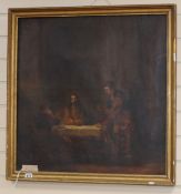 19th century English School, oil on canvas, Figures around a table, 65 x 64cm