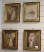 Circle of Adam Buck, four watercolours, Portraits of young ladies, two seated with harps, 26 x 20cm