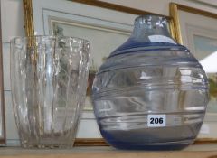 A Whitefriars blue glass ribbon vase and one other glass vase by Clyne Farquharson