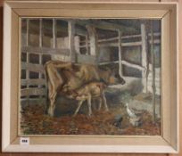 Beryl Trist (Exh. 1936-39) oil on canvas, Cattle and chickens in a barn, signed, 50 x 60cm