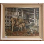 Beryl Trist (Exh. 1936-39) oil on canvas, Cattle and chickens in a barn, signed, 50 x 60cm