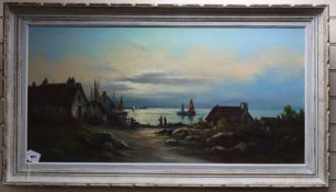 R. Tangui, oil on canvas, Fishing village, signed, 49 x 99cm