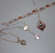 A 925 and cabochon set bracelet, a stylish white metal pendant and two other pendant necklaces