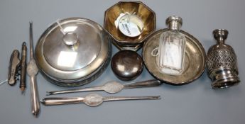 A late Victorian octagonal silver bowl and sundry silver and plated items, including a silver-