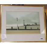 John Bond (1945-) watercolour, Fishermen and breakwaters, signed, 25 x 36cm