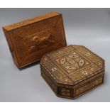 A sandalwood box and a mother of pearl inlaid octagonal box