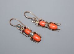 A pair of yellow metal, coral and gem set 'bug' earrings, one marked 9ct, overall 42mm.
