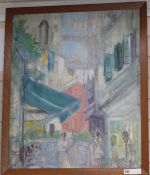 Margaret Hislop RSA, RBA (1894-1972), oil on board, French street scene, signed, 75 x 62cm