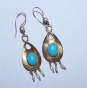 A pair of yellow metal, turquoise and drop baroque pearl earrings, one marked 9ct, overall approx.