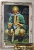 H. P. Wang (Chinese, probably 20th century), oil on canvas, squatting man with bamboo opium pipe,