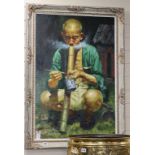 H. P. Wang (Chinese, probably 20th century), oil on canvas, squatting man with bamboo opium pipe,