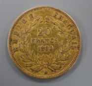 A Napoleon III 20 francs gold piece, 1860