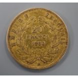 A Napoleon III 20 francs gold piece, 1860