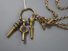 An early 20th century 9ct chain, hung with three assorted watch keys.