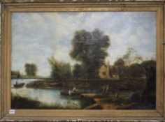 F. W. Watts, oil on canvas, River landscape with boatmen, signed, 61 x 90cm