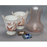 A Murano vase, a pair of Italian vases and two agate ashtrays tallest 28cm