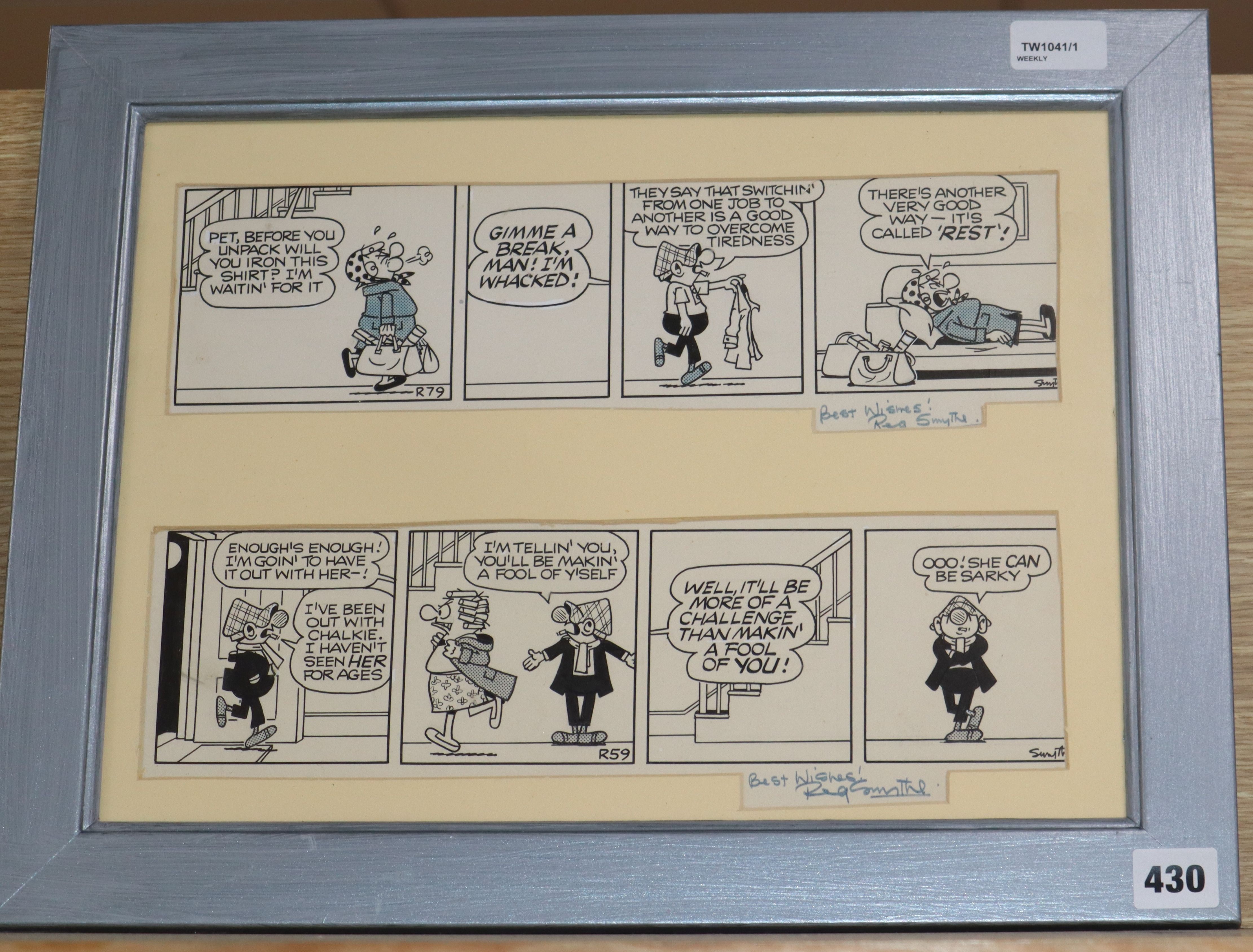 Reg Smythe (1917-1998), two pen and ink Andy Capp four-panel strips cartoons, framed together,