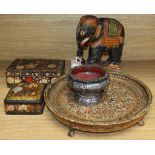 A Kashmiri footed tray, two similar boxes, a Rajasthan toy elephant and a lacquer and abalone footed