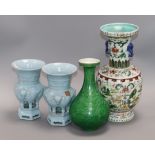 A pair of Chinese Jun type vases, a green glazed vase and a famille rose vase tallest 28cm