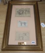 Three pencil drawings of horses and ponies, inscribed in German, in single frame bearing label 'A