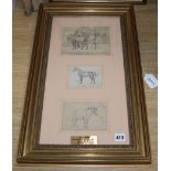 Three pencil drawings of horses and ponies, inscribed in German, in single frame bearing label 'A