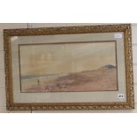 English School (19th/20th century), watercolour, coastal landscape with figures on a beach, 25 x