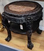 A Chinese hardwood and marble top jardiniere stand H.58cm