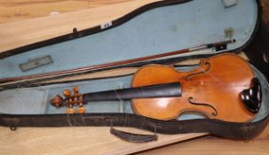 An early 20th century violin labelled R.L. Allder 1886, with bow