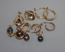 A pair of 18ct gold and mother of pearl-set earrings and four other pairs of earrings, various.