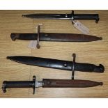 Two Swedish 1896 Mauser bayonets with steel scabbards (EJ AB) and two Spanish Mauser 1941