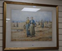 R.E. Gelmoyden, watercolour, Fisherwomen along the shore, signed, 49 x 69cm