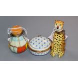 A Limoges pill box modelled as a cheetah, another box modelled as a hot air balloon and a Del