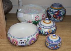 A Poole pottery vase, bowl and two jars and cover and a Maling bowl