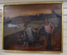 Phyllis Lawson (1919-2010), oil on canvas, Figures in a landscape I, signed and inscribed verso,