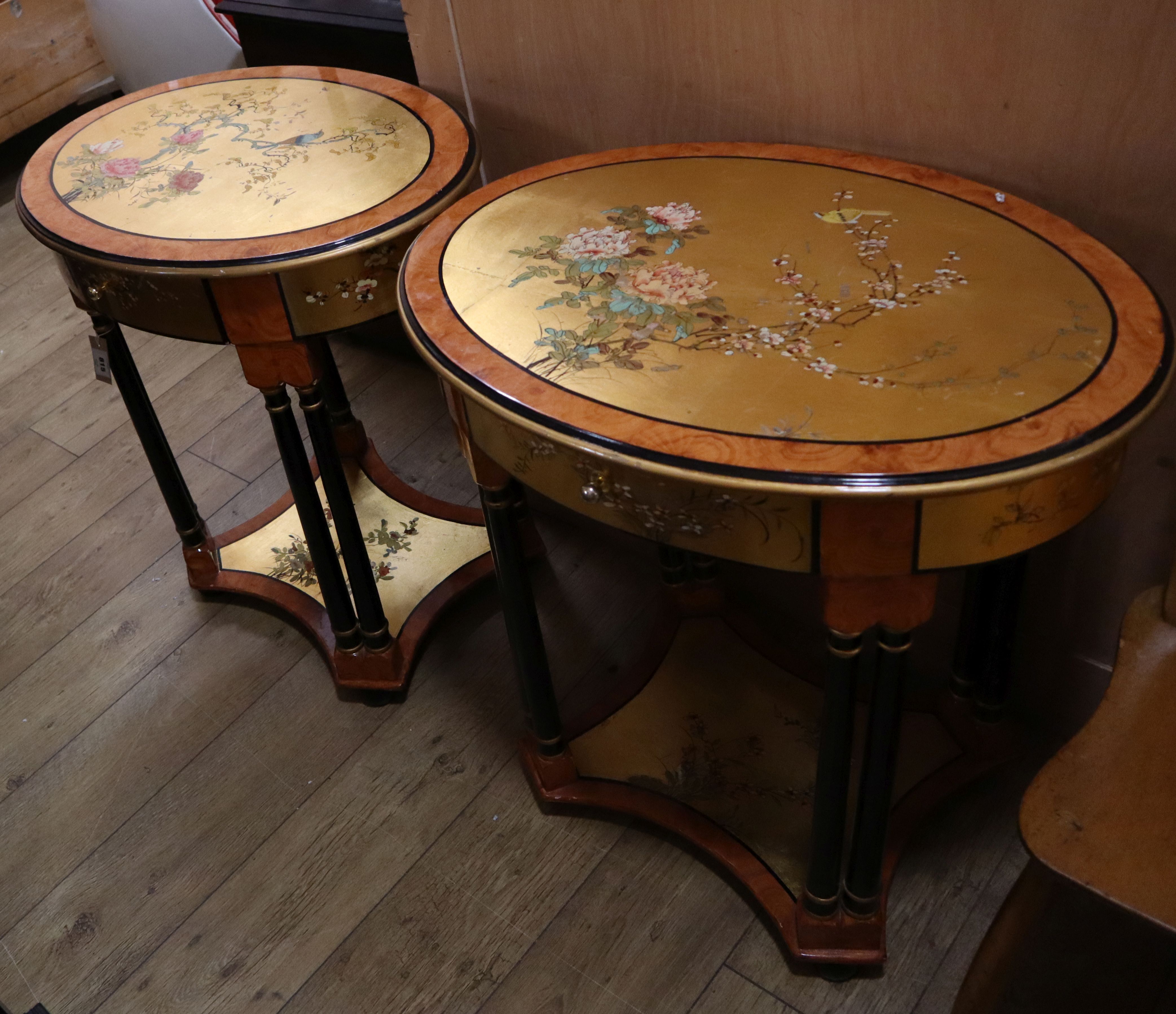 A pair of Chinese style oval painted lacquer two tier occasional tables W.70cm - Image 2 of 2