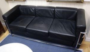 A Corbusier style chrome and black leather three seater settee W.180cm