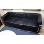 A Corbusier style chrome and black leather three seater settee W.180cm