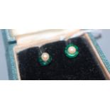 A cased pair of cultured pearl pearl and green paste? ear studs.