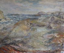 Ellen Oodean Lund, oil on canvas, Coastal landscape, signed and dated '46, 50 x 61cm, unframed