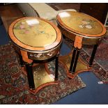 A pair of Chinese style oval painted lacquer two tier occasional tables W.70cm